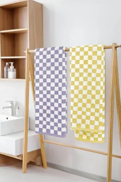 Sale Dear-Lover Checkered Print Soft Large Bath Towel Yellow Cream