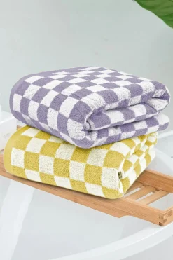 Sale Dear-Lover Checkered Print Soft Large Bath Towel Yellow Cream