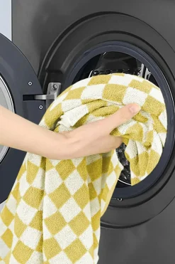 Sale Dear-Lover Checkered Print Soft Large Bath Towel Yellow Cream