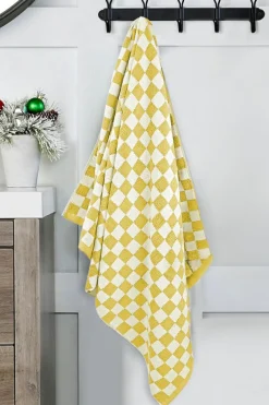 Sale Dear-Lover Checkered Print Soft Large Bath Towel Yellow Cream