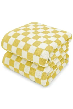 Sale Dear-Lover Checkered Print Soft Large Bath Towel Yellow Cream