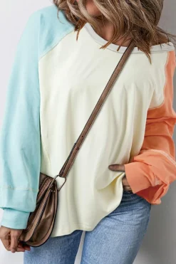 Online Dear-Lover Colorblock Patchwork Crew Neck Long Sleeve Top Yellow Cream