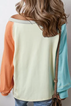 Online Dear-Lover Colorblock Patchwork Crew Neck Long Sleeve Top Yellow Cream
