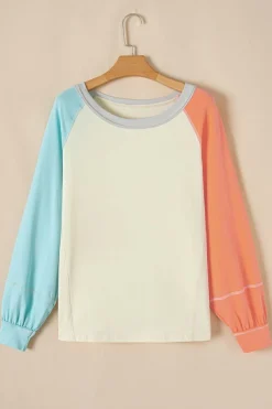 Online Dear-Lover Colorblock Patchwork Crew Neck Long Sleeve Top Yellow Cream