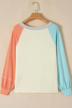 Online Dear-Lover Colorblock Patchwork Crew Neck Long Sleeve Top Yellow Cream