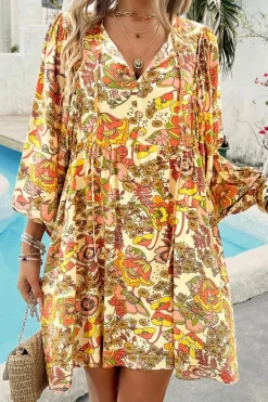 Online Dear-Lover Floral Print V Neck Puff Sleeve Mini Dress Yellow Cream