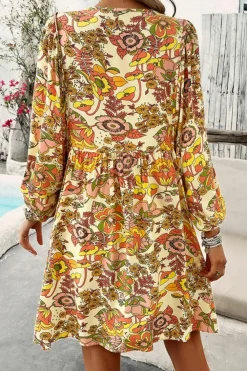 Online Dear-Lover Floral Print V Neck Puff Sleeve Mini Dress Yellow Cream