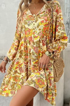 Online Dear-Lover Floral Print V Neck Puff Sleeve Mini Dress Yellow Cream