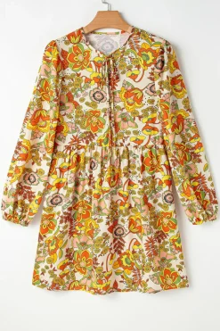 Online Dear-Lover Floral Print V Neck Puff Sleeve Mini Dress Yellow Cream