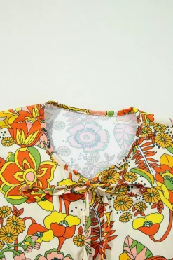 Online Dear-Lover Floral Print V Neck Puff Sleeve Mini Dress Yellow Cream