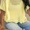 Online Dear-Lover Hollow-out Crochet Side Tied Short Sleeve Sweater Yellow Cream