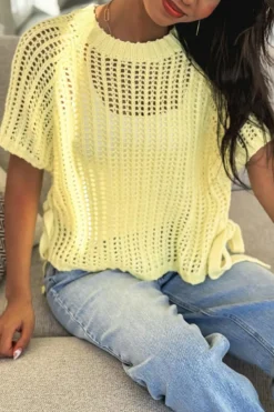 Online Dear-Lover Hollow-out Crochet Side Tied Short Sleeve Sweater Yellow Cream