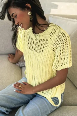 Online Dear-Lover Hollow-out Crochet Side Tied Short Sleeve Sweater Yellow Cream