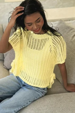 Online Dear-Lover Hollow-out Crochet Side Tied Short Sleeve Sweater Yellow Cream