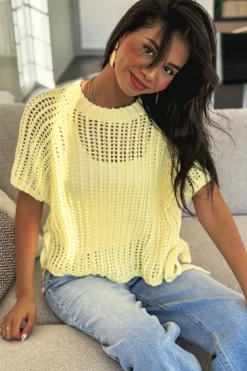 Online Dear-Lover Hollow-out Crochet Side Tied Short Sleeve Sweater Yellow Cream
