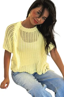 Online Dear-Lover Hollow-out Crochet Side Tied Short Sleeve Sweater Yellow Cream