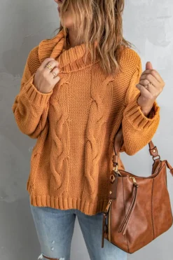 Sale Dear-Lover Cuddle Weather Cable Knit Handmade Turtleneck Sweater Yellow