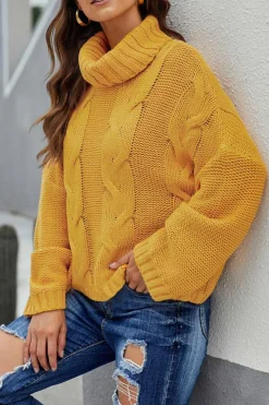 Sale Dear-Lover Cuddle Weather Cable Knit Handmade Turtleneck Sweater Yellow