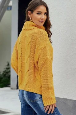 Sale Dear-Lover Cuddle Weather Cable Knit Handmade Turtleneck Sweater Yellow