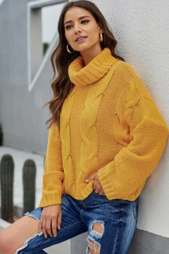 Sale Dear-Lover Cuddle Weather Cable Knit Handmade Turtleneck Sweater Yellow