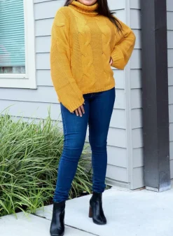 Sale Dear-Lover Cuddle Weather Cable Knit Handmade Turtleneck Sweater Yellow