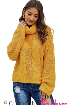 Sale Dear-Lover Cuddle Weather Cable Knit Handmade Turtleneck Sweater Yellow