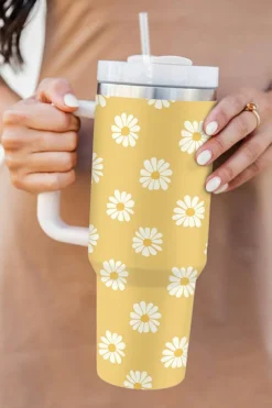Fashion Dear-Lover Daisy Print Handle Stainless Steel Portable Cup 40oz Yellow