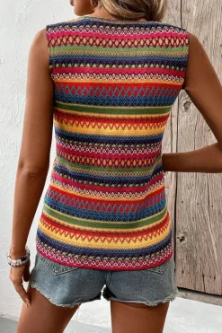 New Dear-Lover Ethnic Wavy Pattern Round Neck Sleeveless Top Yellow