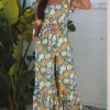 Sale Dear-Lover Floral Allover Print Shirred Cut Out High Waist Jumpsuit Yellow