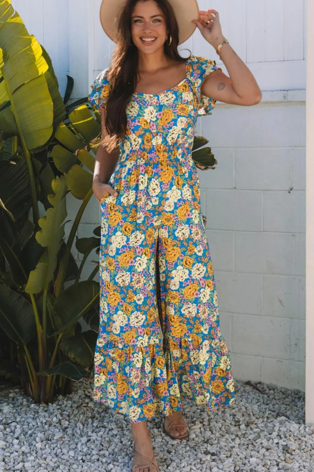 Sale Dear-Lover Floral Allover Print Shirred Cut Out High Waist Jumpsuit Yellow