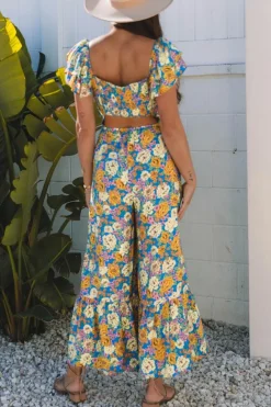 Sale Dear-Lover Floral Allover Print Shirred Cut Out High Waist Jumpsuit Yellow