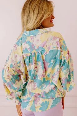 Discount Dear-Lover Floral Allover Print Shirred Cuff Oversized Shirt Yellow