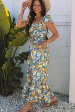 Sale Dear-Lover Floral Allover Print Shirred Cut Out High Waist Jumpsuit Yellow