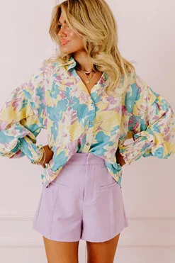 Discount Dear-Lover Floral Allover Print Shirred Cuff Oversized Shirt Yellow