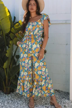 Sale Dear-Lover Floral Allover Print Shirred Cut Out High Waist Jumpsuit Yellow