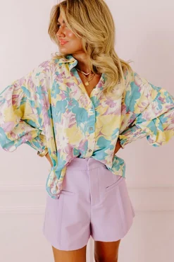 Discount Dear-Lover Floral Allover Print Shirred Cuff Oversized Shirt Yellow