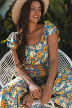 Sale Dear-Lover Floral Allover Print Shirred Cut Out High Waist Jumpsuit Yellow