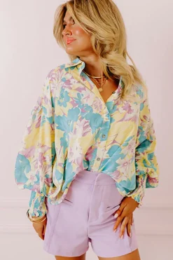 Discount Dear-Lover Floral Allover Print Shirred Cuff Oversized Shirt Yellow