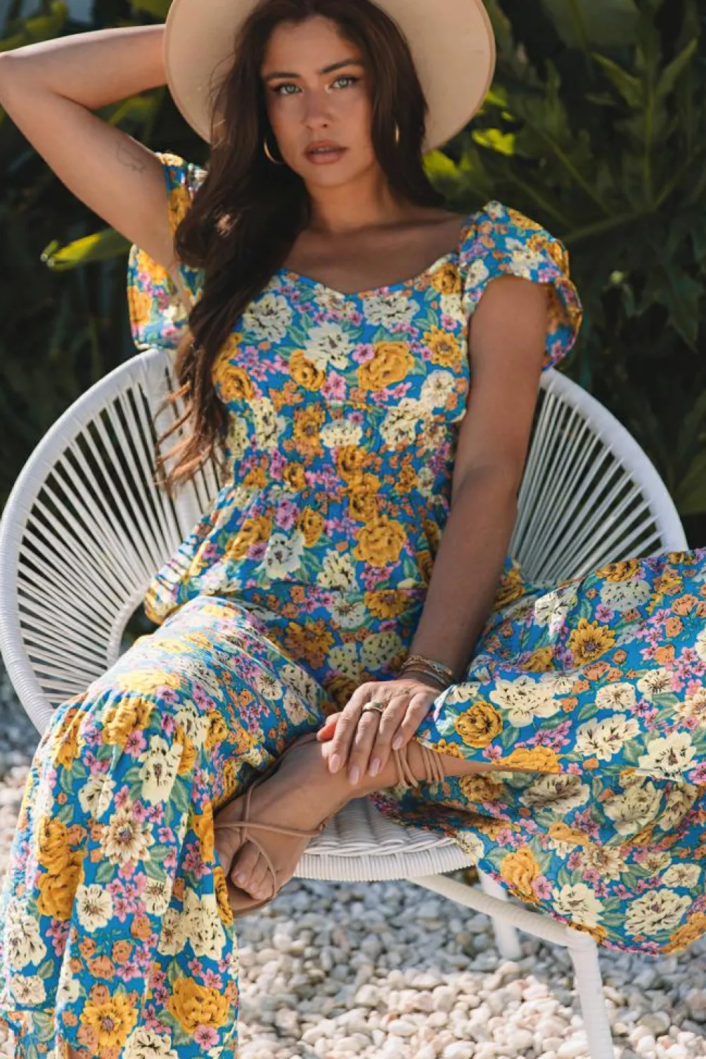 Sale Dear-Lover Floral Allover Print Shirred Cut Out High Waist Jumpsuit Yellow