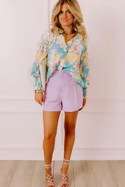Discount Dear-Lover Floral Allover Print Shirred Cuff Oversized Shirt Yellow