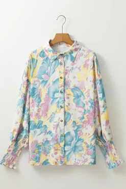 Discount Dear-Lover Floral Allover Print Shirred Cuff Oversized Shirt Yellow