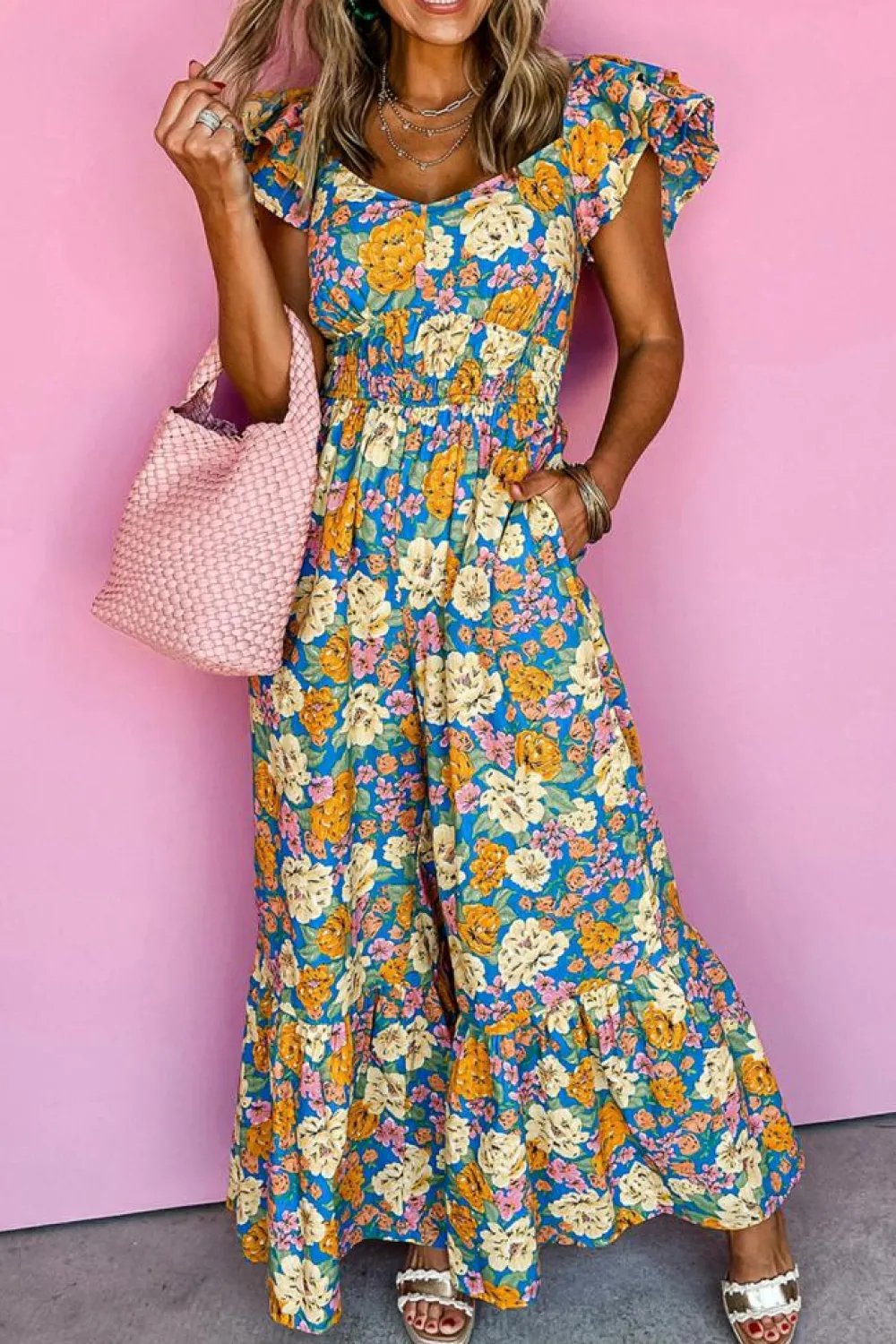 Sale Dear-Lover Floral Allover Print Shirred Cut Out High Waist Jumpsuit Yellow
