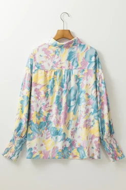 Discount Dear-Lover Floral Allover Print Shirred Cuff Oversized Shirt Yellow