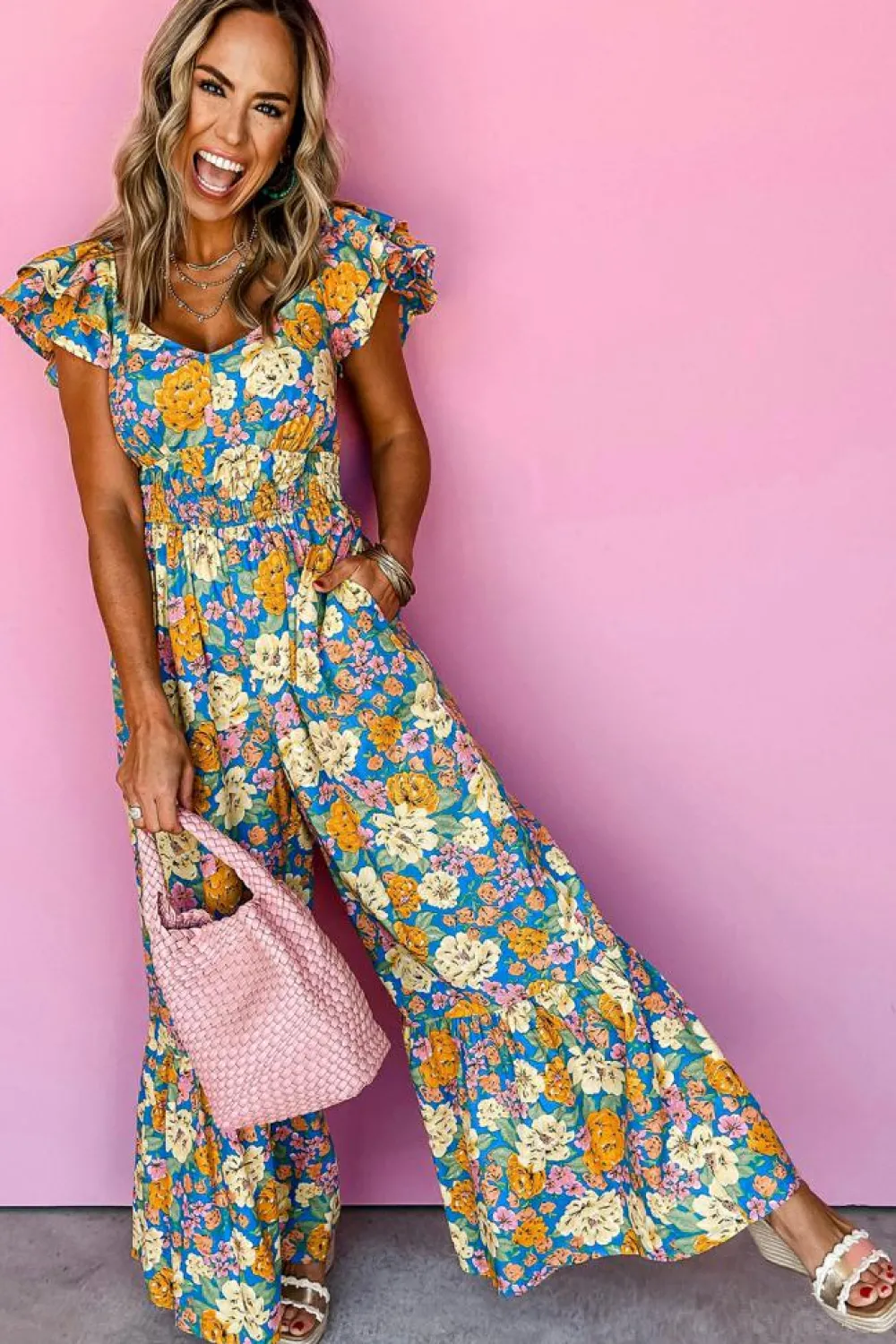 Sale Dear-Lover Floral Allover Print Shirred Cut Out High Waist Jumpsuit Yellow