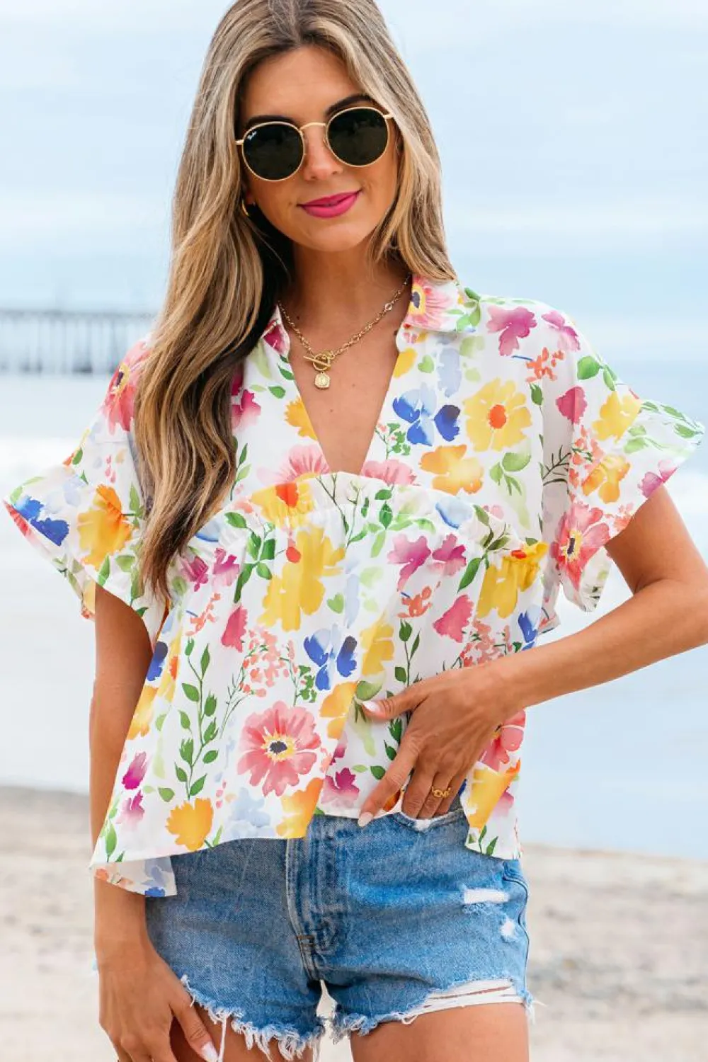 Hot Dear-Lover Floral Boxy Fit Ruffled Short Sleeve V Neck Blouse Yellow