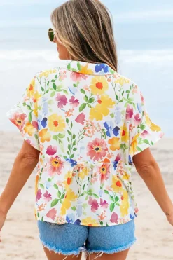 Hot Dear-Lover Floral Boxy Fit Ruffled Short Sleeve V Neck Blouse Yellow