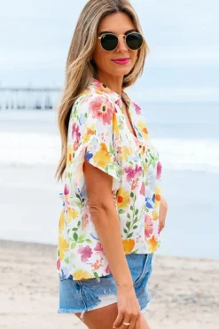 Hot Dear-Lover Floral Boxy Fit Ruffled Short Sleeve V Neck Blouse Yellow