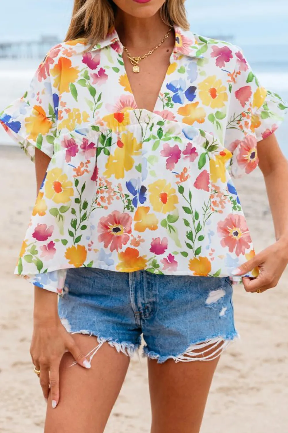 Hot Dear-Lover Floral Boxy Fit Ruffled Short Sleeve V Neck Blouse Yellow