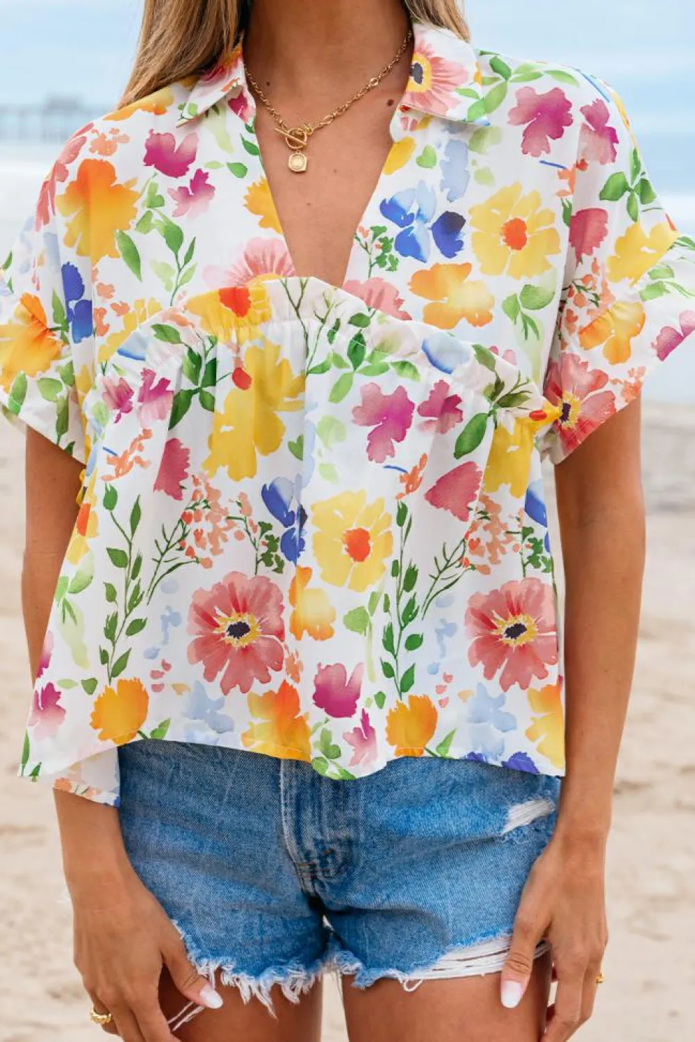 Hot Dear-Lover Floral Boxy Fit Ruffled Short Sleeve V Neck Blouse Yellow
