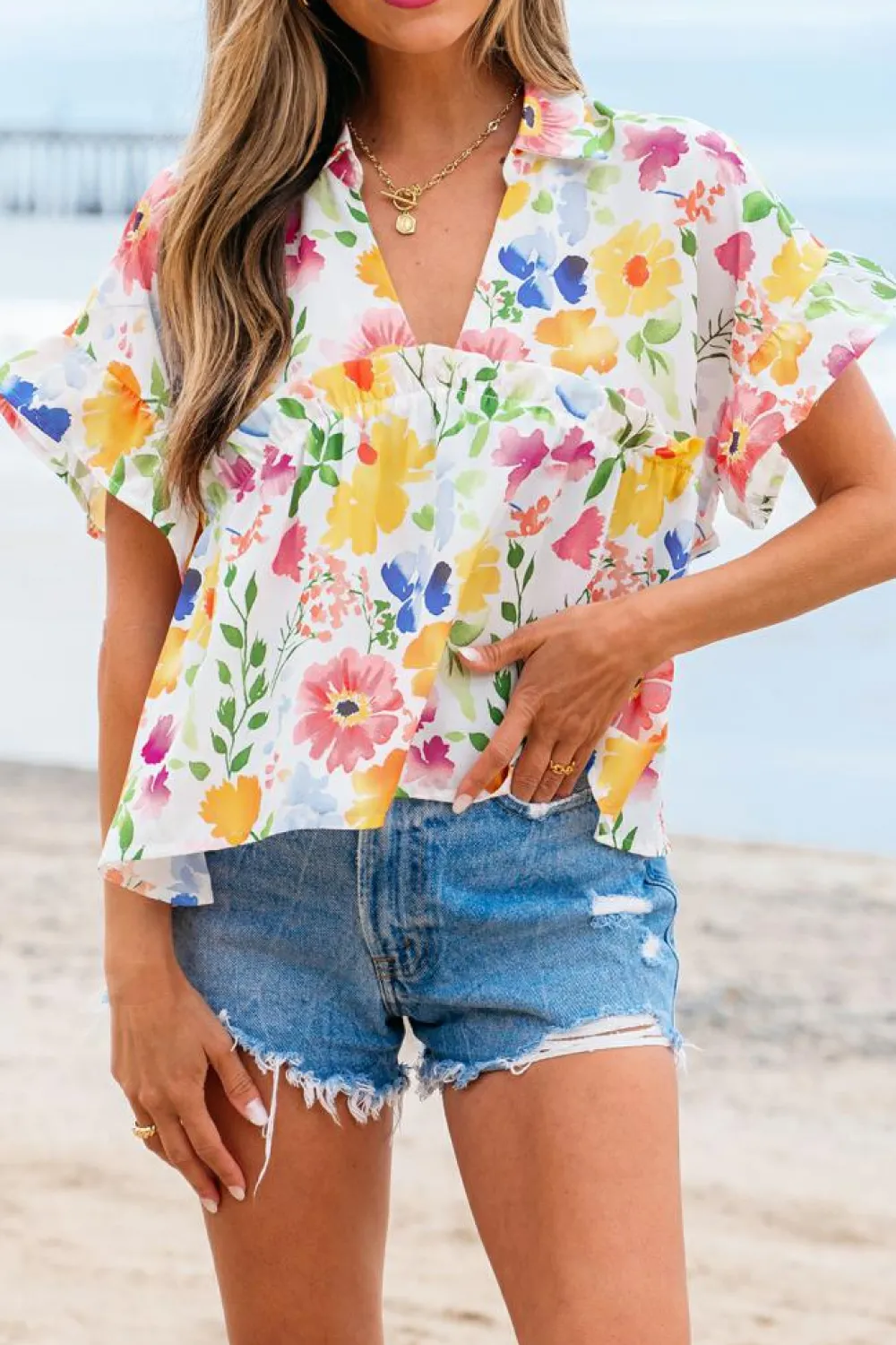 Hot Dear-Lover Floral Boxy Fit Ruffled Short Sleeve V Neck Blouse Yellow